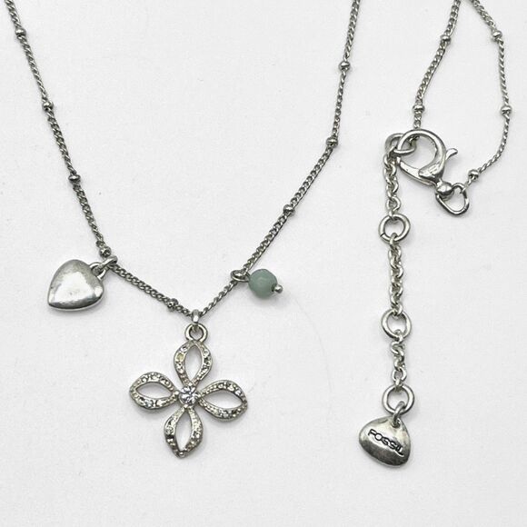 Fossil Necklace Silver Tone Flower Pendant Heart Bead Charm Boho Chic Jewelry - Picture 8 of 8